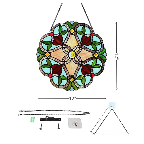 12-Inch Vintage Floral Stained Glass Round Panel Suncatcher