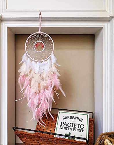 Pink Dream Catcher with Tree of Life and Natural Rose Quartz Crystal Stones