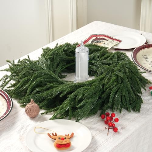 Trytuny 2Pcs 6ft Christmas Norfolk Pine Garland with Pine Cones & Red Berries, Real-Touch LED Christmas Greenery for Indoor/Outdoor