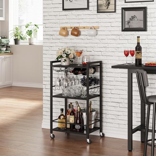 3-Tier Mobile Bar Cart with Wine Rack, Glass Holder, and 6 Hooks
