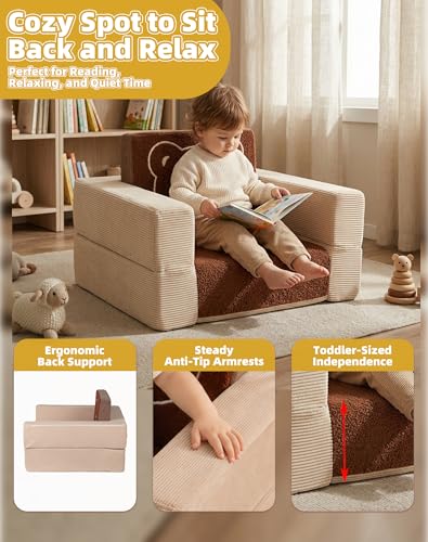 3-in-1 Convertible Toddler Sofa Bed with Bear Pattern - Portable Foam Couch