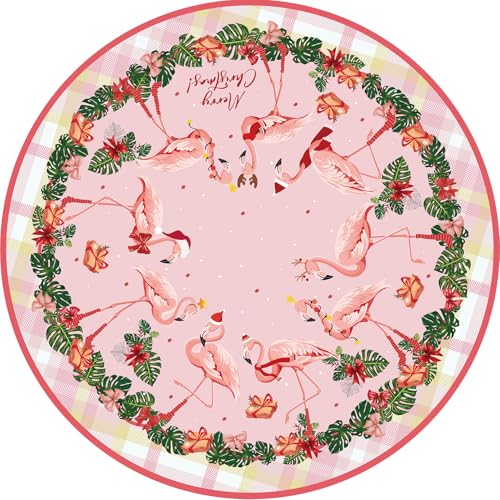 48-Inch Coastal Christmas Tree Skirt with Flamingo & Tartan Border