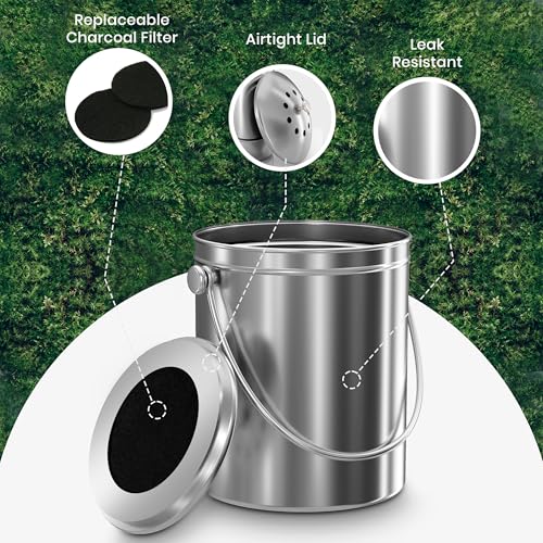 Stainless Steel Countertop Compost Bin 1.3 Gallon with Charcoal Filter