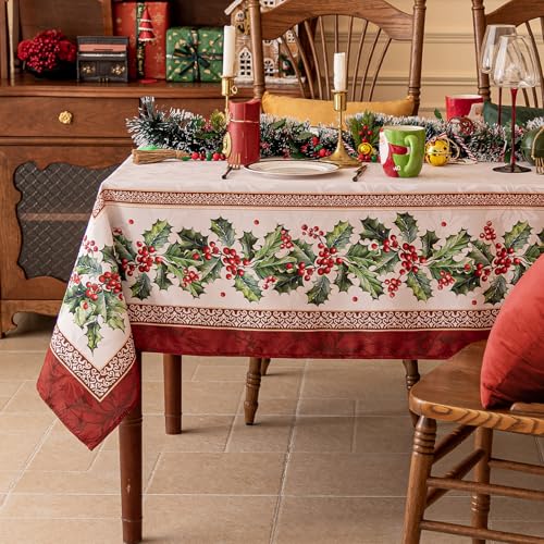 Softalker Holly 60 x 120 Inch Jacquard Tablecloth – Christmas Rectangular 8-10 Seats