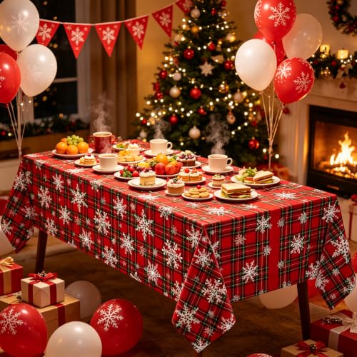 TJYJOY 4 Pack Christmas Tablecloths Red Green Plaid Snowflake Holiday Party Decor 51x86 Inch