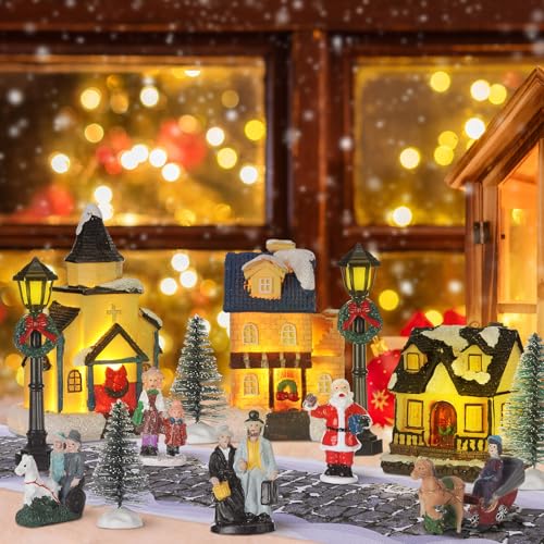 Wettarn Classic Lighted Christmas Village Houses Set - 27 Pcs Holiday Figurines