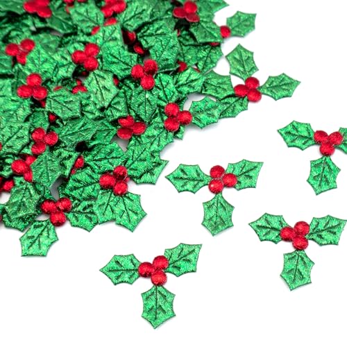 100PCS Artificial Holly Leaves with Berries for Christmas Decor