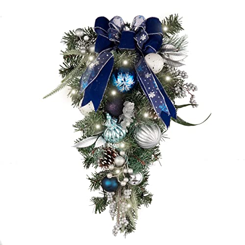 24-Inch Pre-Lit Christmas Teardrop Swag with LED Lights, Silver and Blue