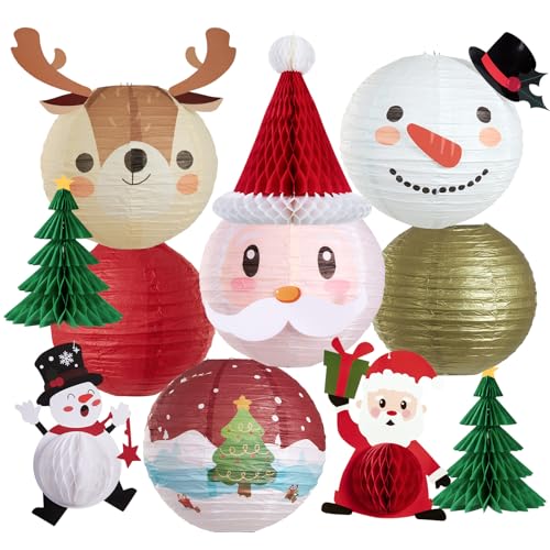 Easy Joy Christmas Paper Lanterns Set - Red, Green & Gold Holiday Decorations with 3D Xmas Hats, Santa, Snowman & Trees - 11 pcs