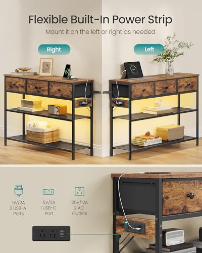 Console Table with Charging Station, LED Lighting, and 3 Fabric Drawers