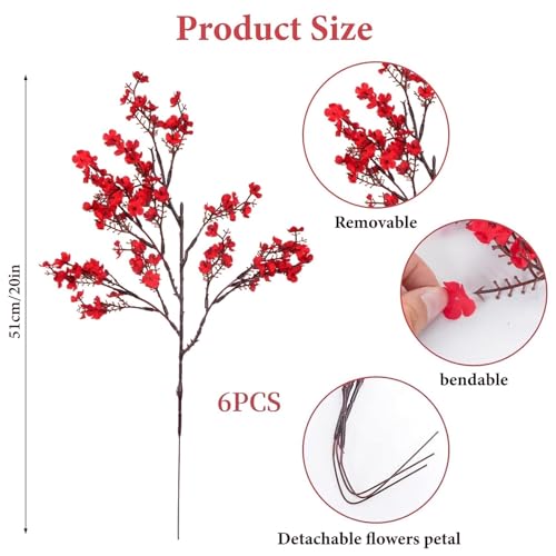 NAHUAA 6Pcs Red Artificial Baby Breath Flowers Bouquet for Home Decor