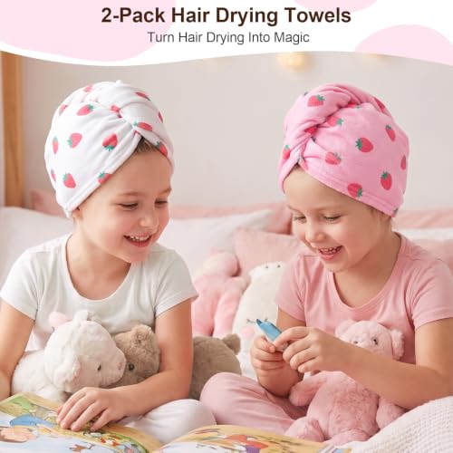 Kids Microfiber Hair Towel Wrap 2Pack Pink White Strawberry - Fast Dry Turban for Girls