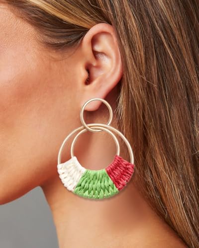 Sel fwimg Raffia Hoop Earrings Round Christmas Edition – Lightweight Boho Straw Dangle