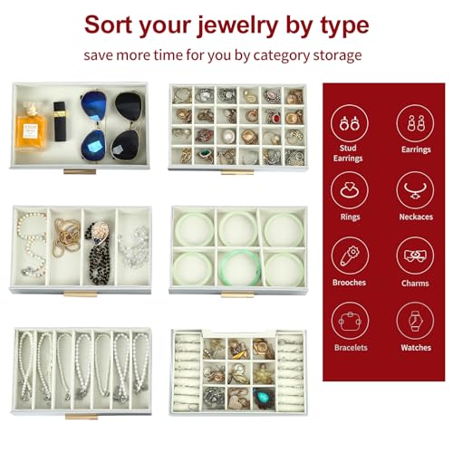 BOOVO 6-Layer Jewelry Box for Women - Grey & Gold, Large Organizer with 6 Layers for Necklaces, Bracelets, Earrings & Rings