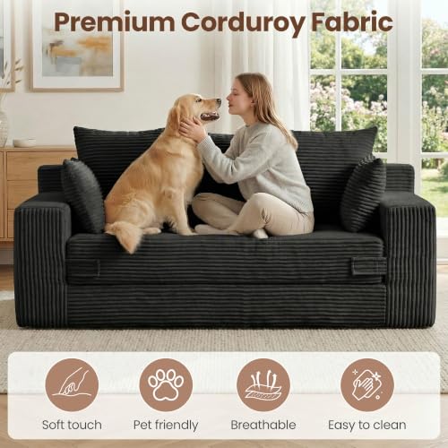 70-Inch 3-in-1 Convertible Sofa Bed, Corduroy Sleeper Couch with 5 Pillows