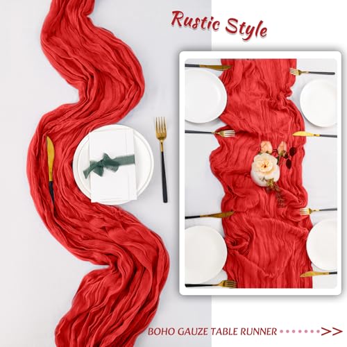 10Pack Red Cheesecloth Table Runner 10ft - Boho Rustic Sheer Decor