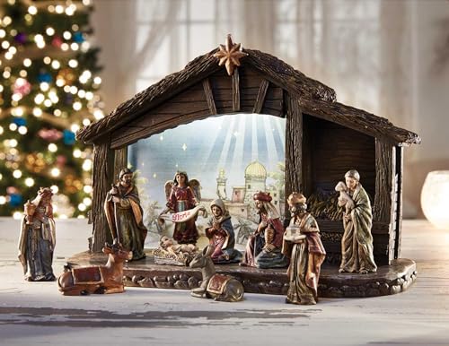 LED Nativity Scene Set with Stable and Holy Family - 11-Piece Christian Christmas Decoration