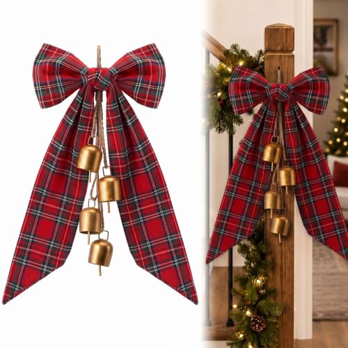 18 Inch Christmas Bow with Cow Bells and Tartan Plaid for Tree Decor