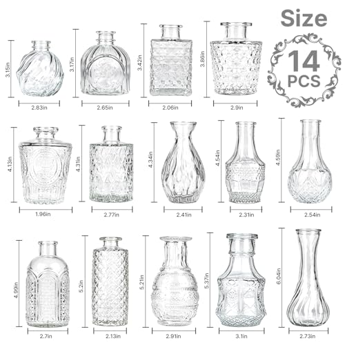 Clear Glass Bud Vase Set of 14 - Small Flower Vases for Wedding Decor