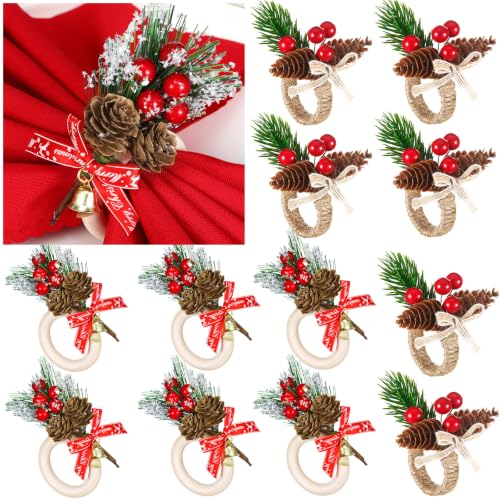 Geiserailie 12 Pcs Christmas Pine Cone Napkin Ring Holders, Red & White