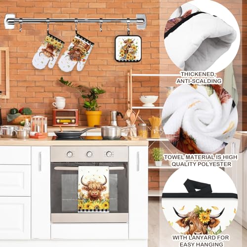 8-Piece Sunflower Highland Cow Kitchen Set: Towels, Oven Mitts & Pot Holders