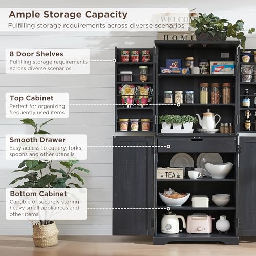 70" Tall Farmhouse Kitchen Pantry Cabinet with Barn Doors & Drawer