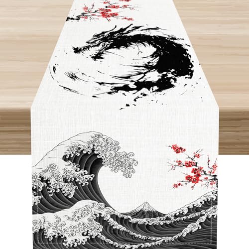 Drapeloft 13"x36" Dragon Red Plum Sea Wave Table Runner - Japanese Dragon Pattern