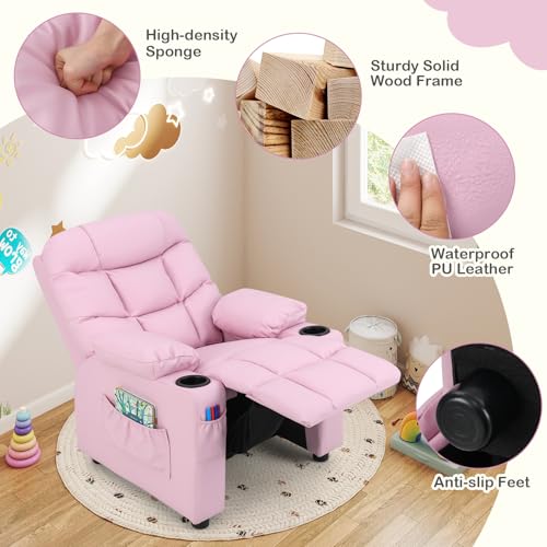Costzon Kids Pink Recliner Chair 26”x28”x34” with Cup Holder & Footrest