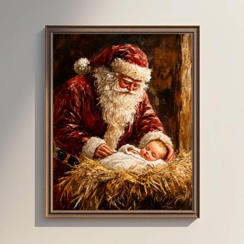 XOCUUI 8x10 Santa with Sleeping Baby Nativity Canvas Print - Framed? Unframed Holiday Wall Art