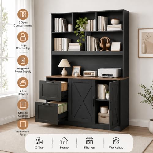 NORTHSKY 72-Inch Tall Bookshelf with Power Outlet & File Drawers - Black