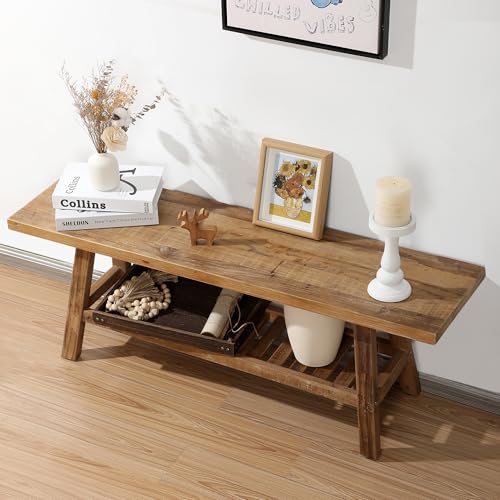 43.3-Inch Reclaimed Solid Wood Entryway Bench with Storage Shelf
