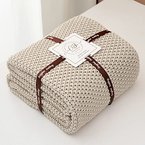 Chunky Cable Knit Throw Blanket, 100% Organic Cotton, 51" x 63", Beige