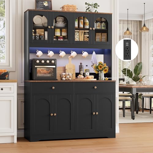 71-Inch Tall Kitchen Pantry Cabinet with RGB LED, Power Outlet and Hutch