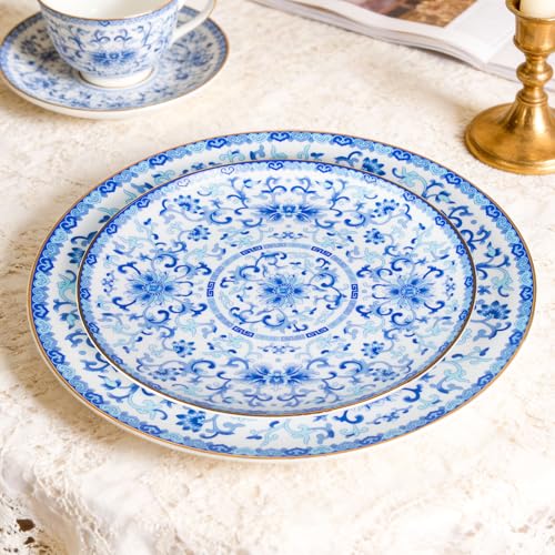 Ceramic Decorative Plate Set with Stand, Blue and White Porcelain, 8in & 10in