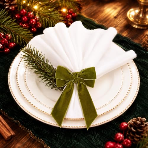 APTWOW Grass Green Velvet Bow Napkin Rings Set of 6 for Christmas Table