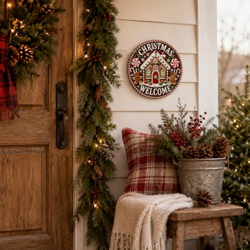 Christmas Welcome Gingerbread Metal Sign 8x8 Inch Round Holiday Decor - Brown, Red, White & Green