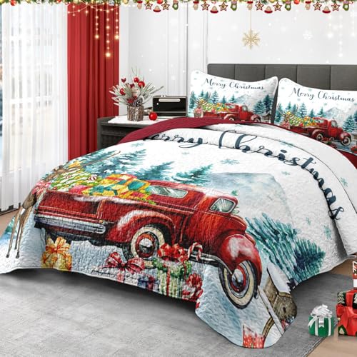 King Christmas Quilt Set with Xmas Truck - 3-Piece Red Vintage Bedding, WeCozy
