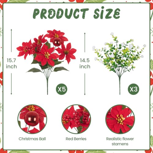 8 Pack 15.7in Red & White Poinsettia Artificial Christmas Flowers for Outdoors