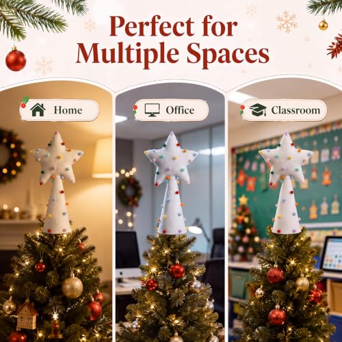 10-Inch Felt Christmas Star Tree Topper with Rainbow Pom Poms - White Holiday Decor