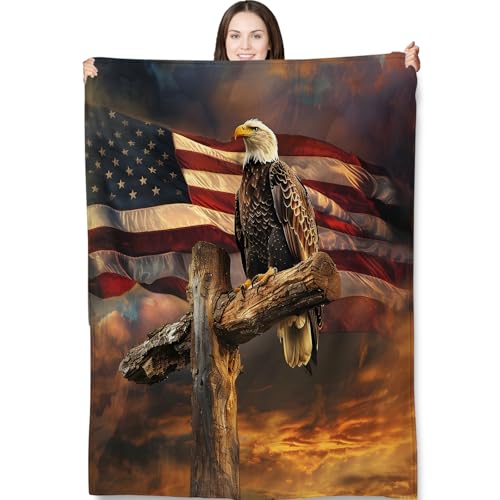 Turamurra American Eagle and Flag Throw Blanket 60x80 in - Bald Eagle Theme Flannel