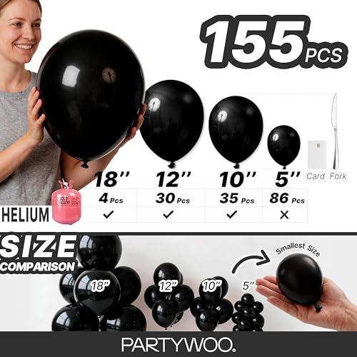 PartyWoo Black Balloons 155pcs Assorted Sizes Latex Party Decor