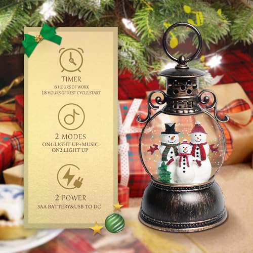 Christmas Snow Globe Lantern with Music & 6H Timer - Lighted Snowman Decor