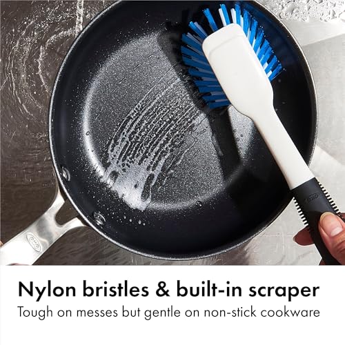 Dish Scrub Brush with Non-Slip Handle & Built-In Scraper - Nylon Bristles