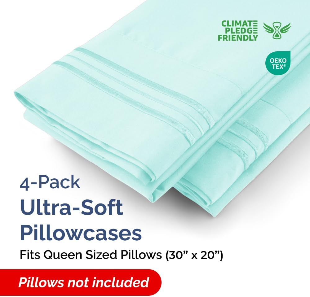 Skiennix Queen Pillow Cases Set of 4 - Ultra Soft Hotel Quality Covers | Comfy, Wrinkle-Free & Fade Resistant - Spa Blue