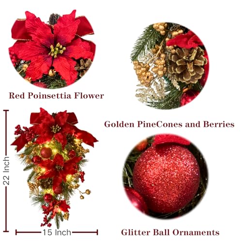Pre-Lit Artificial Christmas Teardrop Swag with Poinsettias and Pinecones