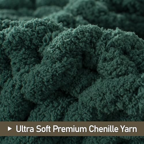 LONG CREATE Dark Green Chunky Knit Throw Blanket 60x80 in - 100% Handmade Chenille