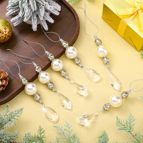 Champagne Gold Pearl & Crystal Drop Ornaments - 12 Pcs Christmas Tree Decorations