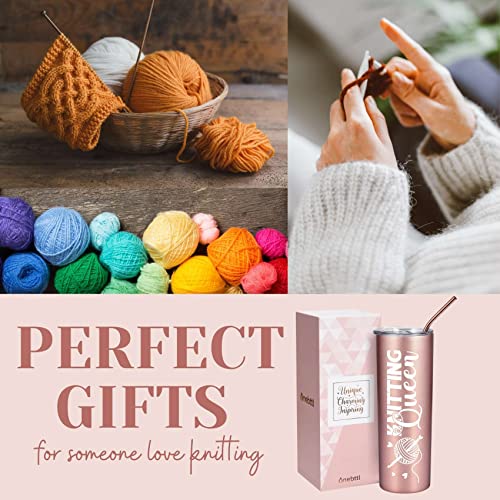 Rose Gold Onebttl Knitting Queen 20oz Stainless Steel Tumbler with Straw & Lid – Crochet Gift for Women