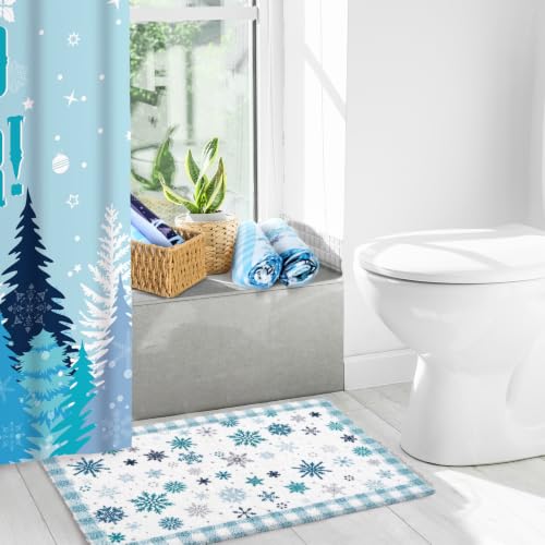 Blue Christmas Shower Curtain Set with Hooks Towels Rug - Let It Snow