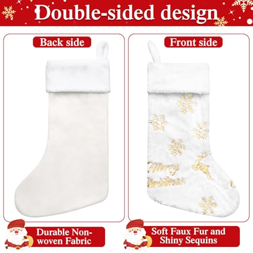 4PCS White Christmas Stockings with Gold Sequin Snowflake Reindeer